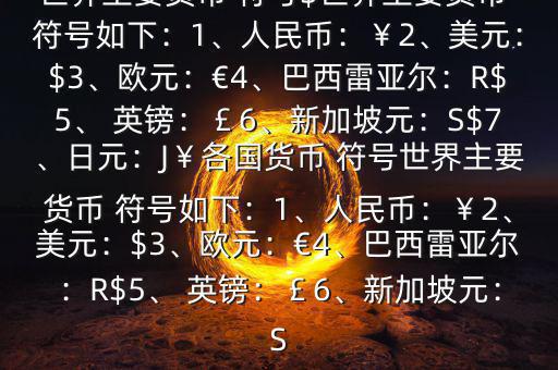 世界主要貨幣 符號$世界主要貨幣 符號如下：1、人民幣：￥2、美元：$3、歐元：€4、巴西雷亞爾：R$5、 英鎊：￡6、新加坡元：S$7、日元：J￥各國貨幣 符號世界主要貨幣 符號如下：1、人民幣：￥2、美元：$3、歐元：€4、巴西雷亞爾：R$5、 英鎊：￡6、新加坡元：S