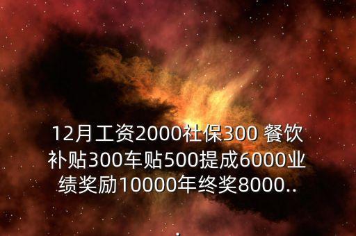 12月工資2000社保300 餐飲補(bǔ)貼300車(chē)貼500提成6000業(yè)績(jī)獎(jiǎng)勵(lì)10000年終獎(jiǎng)8000...