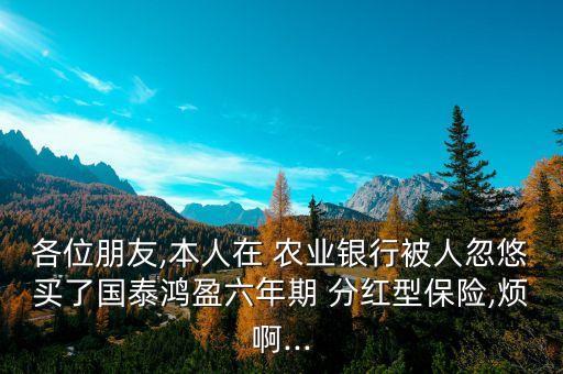 各位朋友,本人在 農(nóng)業(yè)銀行被人忽悠買了國(guó)泰鴻盈六年期 分紅型保險(xiǎn),煩啊...